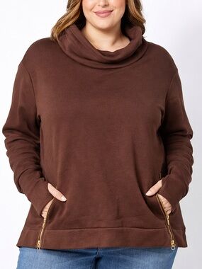 Duffield Lane Minley Brown Cowl Neck Side Zip Pullover 2X